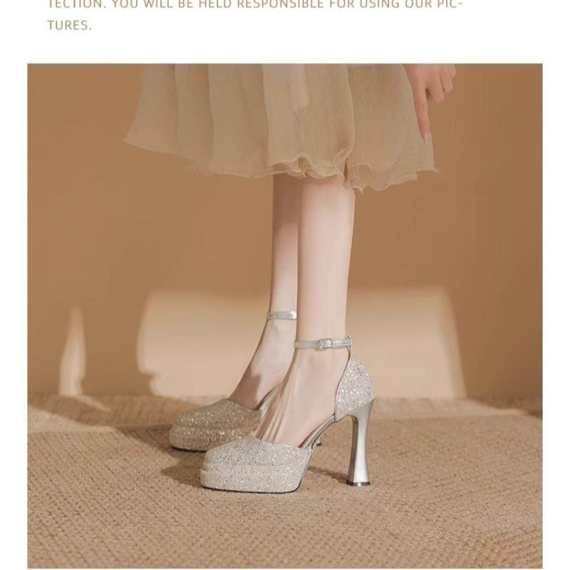 Sequins Fashion Women's Shoes 2025 Summer New High Heeled Sandals Large Size Women's Shoes Gold Silver