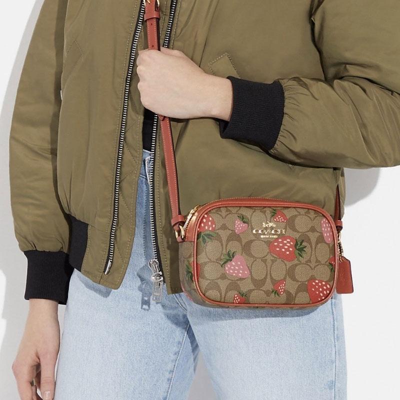 Coach Jamie 18 Classic Monogram Strawberry Print Zipper Closure Canvas And Leather Crossbody Bag Small Women crossbody bag Brown CH522-IME7V