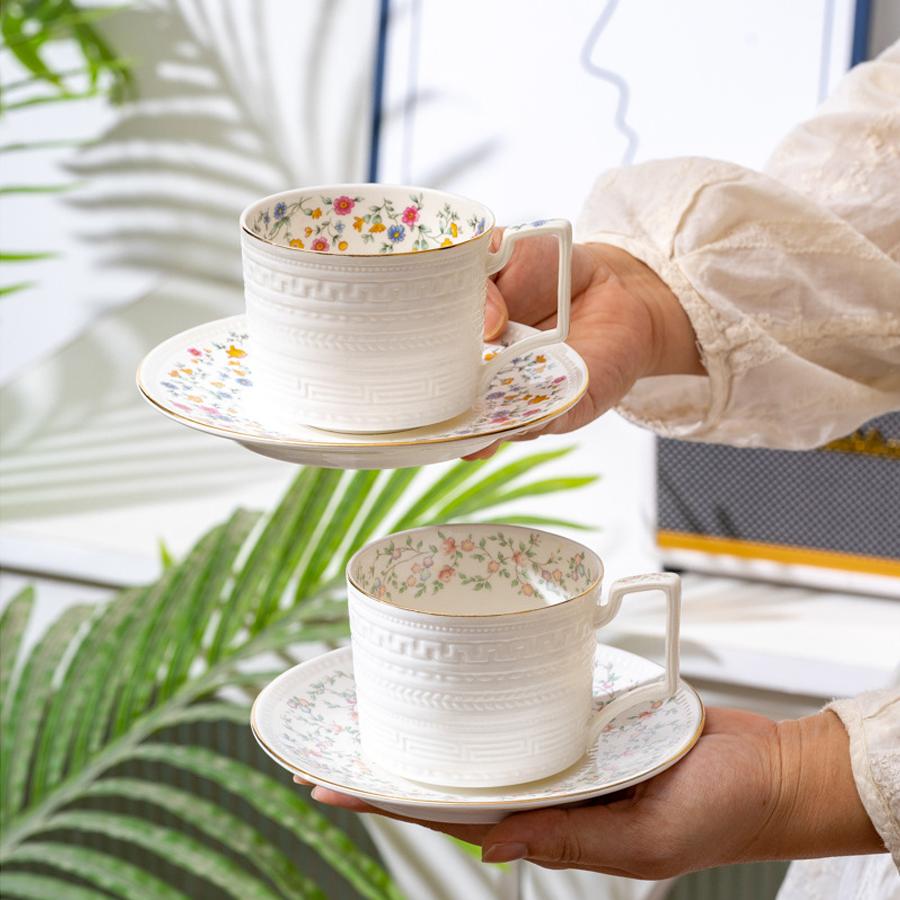 Vintage Floral Ceramic Coffee Cup & Saucer Set with Spoon, Gift Box, 280ml for Afternoon Tea