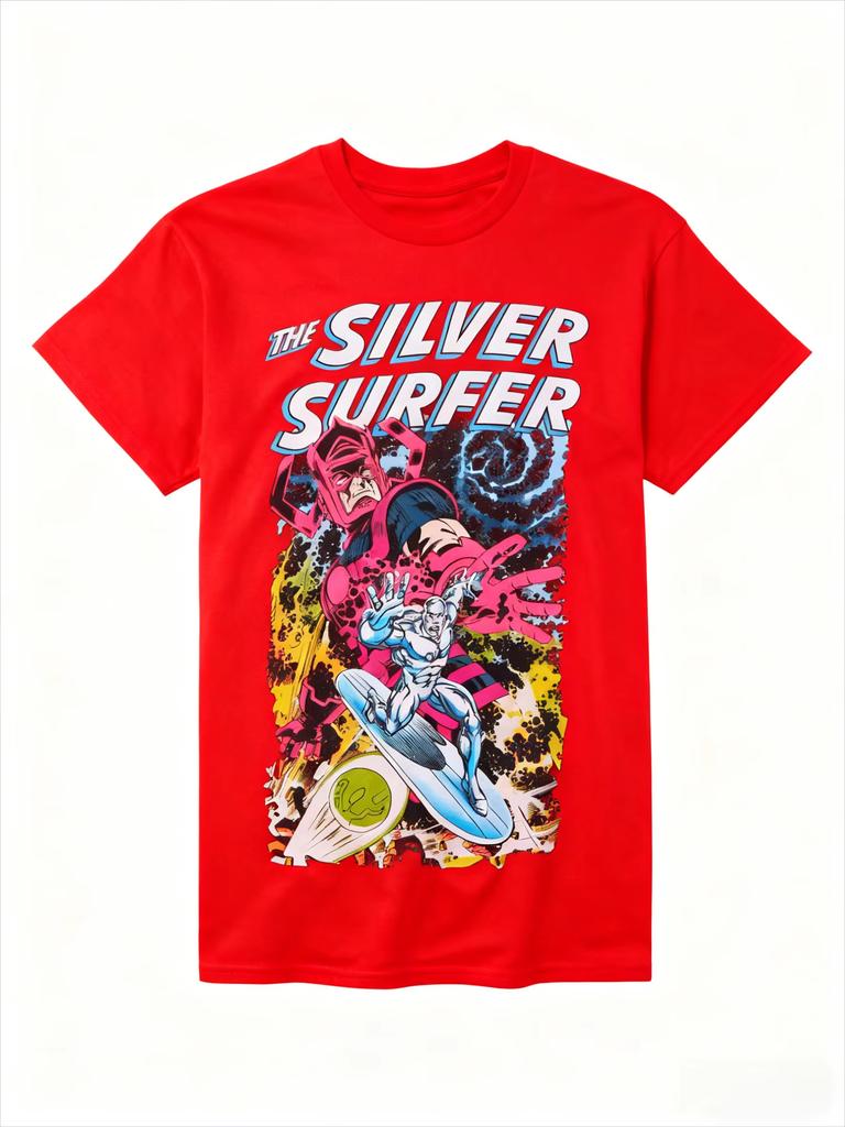 Marvel Genuine 2026 New Marvel Fantastic Four Silver Surfer Comic Print Plus Size Mens Short Sleeve Loose Crew Neck TShirt