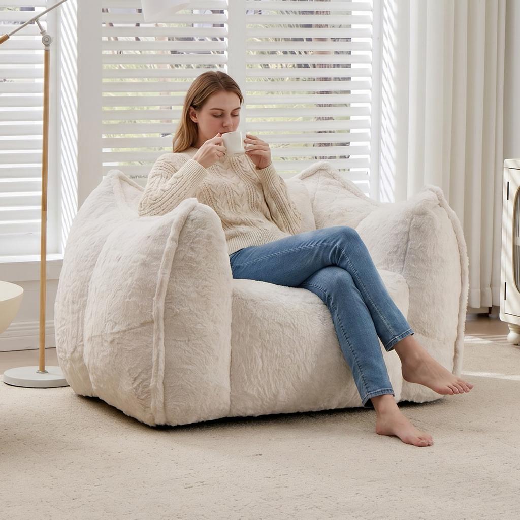 Giant Bean Bag Chair with pillow, Comfy Large Bean Bag Chairs for Adults and Kids, Faux Fur Floor Sofa for Living Room Bedroom Apartment, Beige
