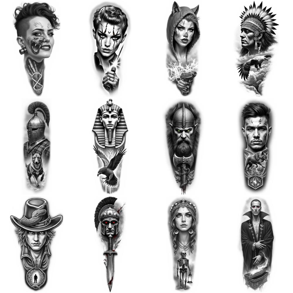 12pcs Temporary Tattoo  waterproof long-lasting body stickers Native American Chief Tattoo Fantasy Woman Tattoo Wizard Tattoo