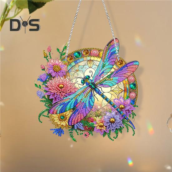 Dragonfly Pendant Special Shapes Faux Diamond Painting Kit Flower Dragonfly Patterned Hanging Ornament DIY Rhinestone Art Set for Home Decor