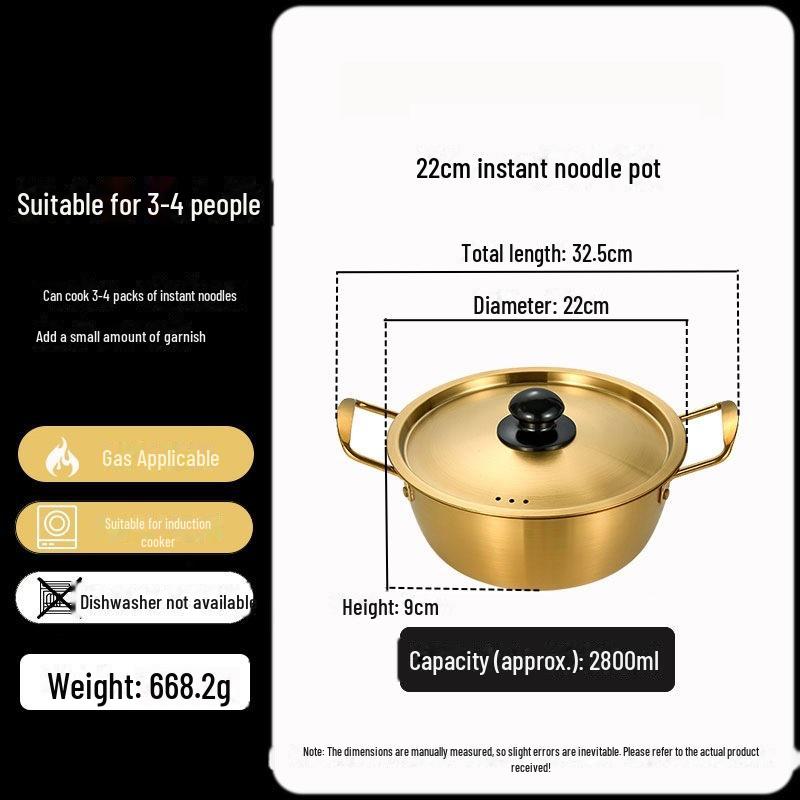 Zlatý korejský ramen hrnec z nerezové oceli s poklicí - dvojité uši, zesílené, ideální na nudle, polévku nebo malé horké hrnce.