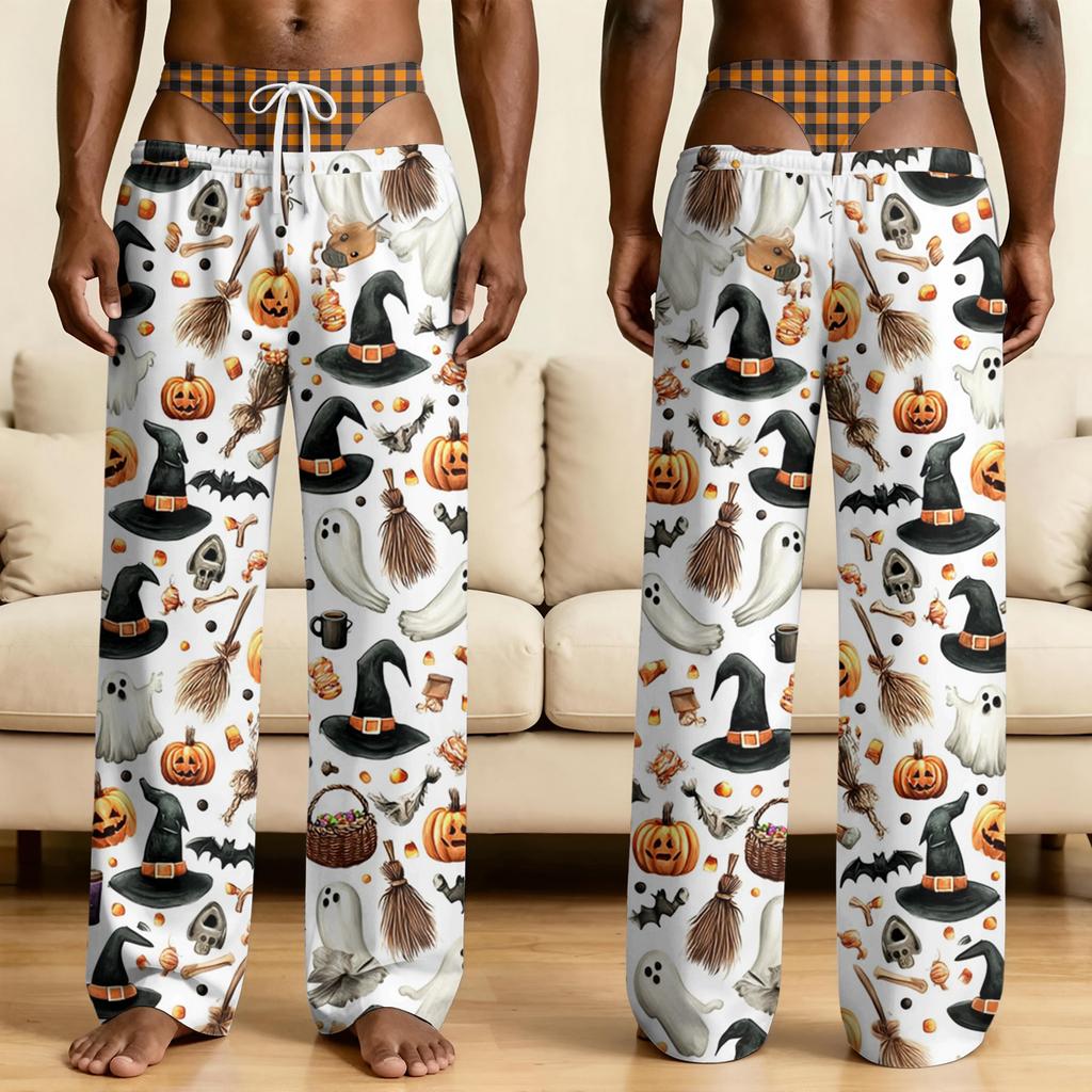 Men's Novelty Halloween Pajama Pants with Funny Fake Underwear Print for Sleepwear