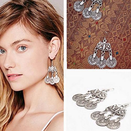 1 Pair Women Fashion Ethnic Jewelry Vintage Coins Drop Dangle Hook Long Earrings