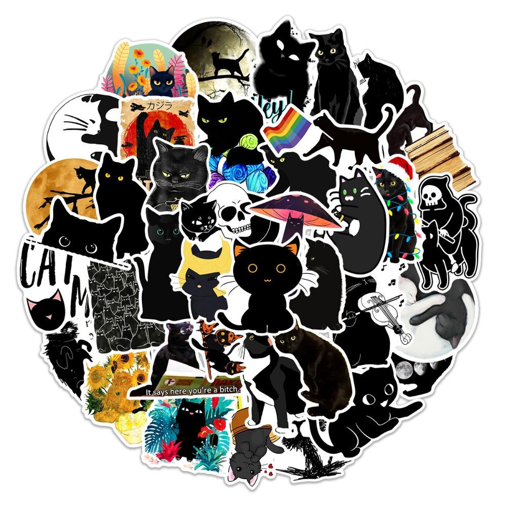 50 cartoon black cat graffiti stickers luggage notebook tablet phone case stationery decoration waterproof stickers