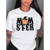 European Sizes Halloween Pumpkin "Momster" Print T-Shirt for Women Medium Stretch - Fashionable Comfort Fit for All Seasons