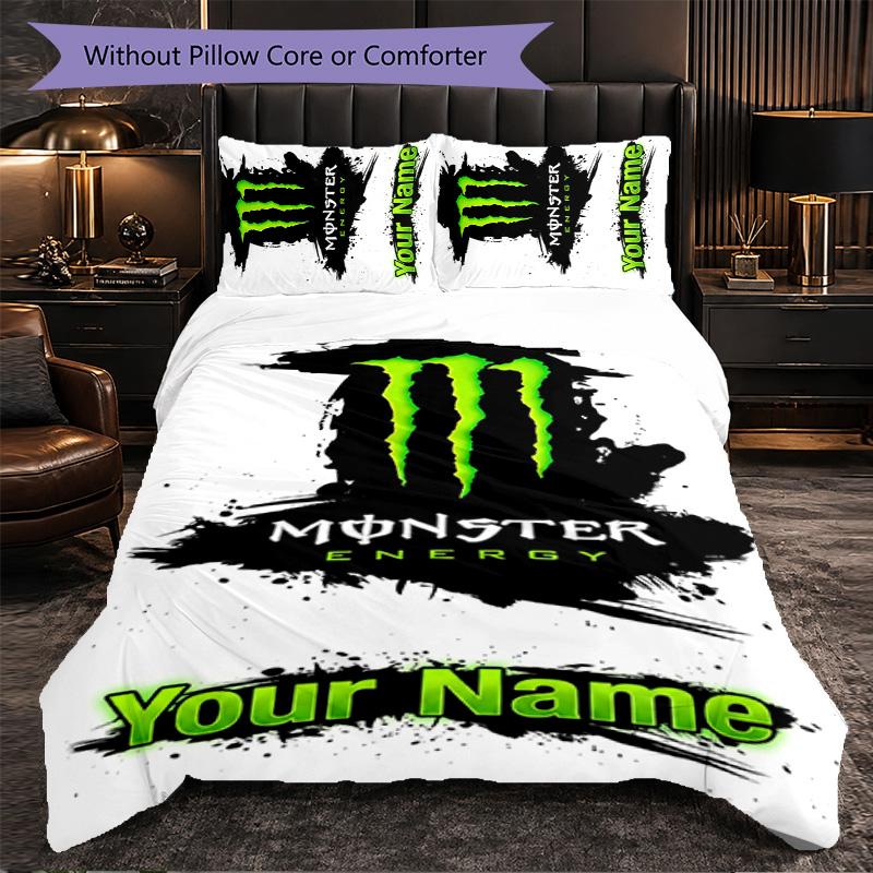 Monster Energy Customized Name Text Bedding Set, 1 Duvet Cover & 2 Pillowcases Personalized Bedroom Gift