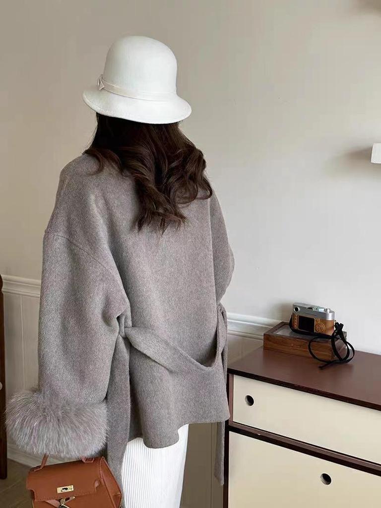 Fox Fur Cuff Woolen Coat - Women's Winter Slimming Style