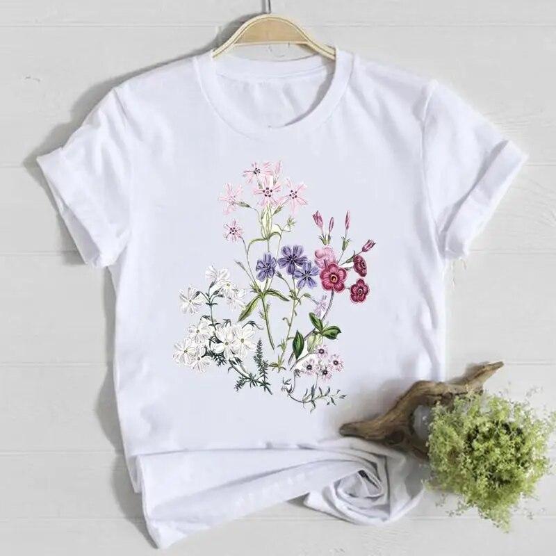 Blume Frühling Rundhals T-Shirt Top Shirt Damen Kleidung Mode T-Shirt Sommer Damen T Kurzarm Lässig Grafik T-Shirts