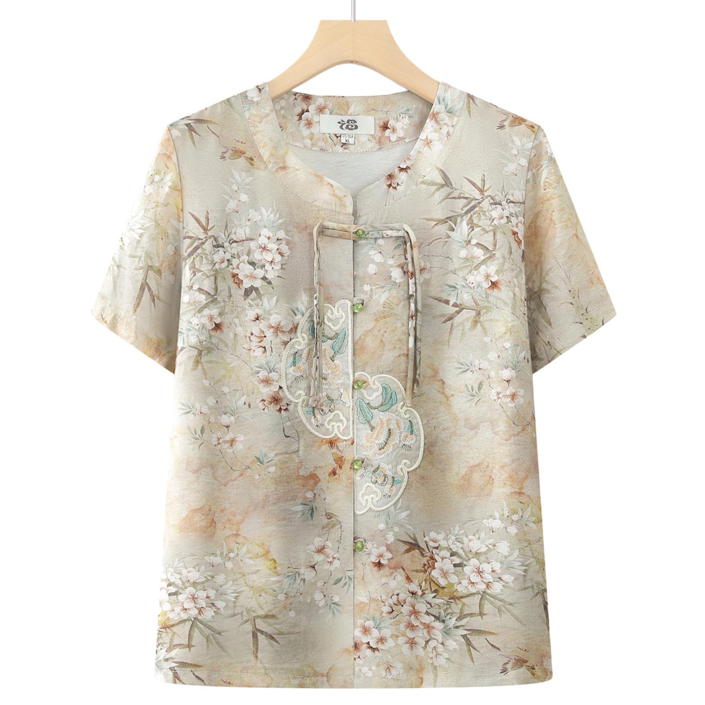 

Chinese Style Summer Suit: Short-Sleeve Shirt and Cardigan Set for Middle-Aged and Elderly Women 2XL (Recommended 100-115 jin)
