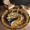 Golden Dragon Blue Eye Ornate Circle Round Rug Crystal Velvet Chinese Myth Creature Bedroom Living Room Luxury Carpet