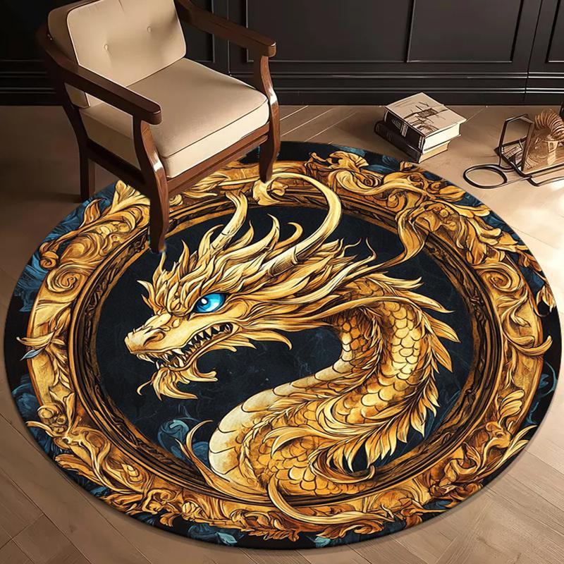 

Golden dragon blue eye ornate circle round rug crystal velvet Chinese myth creature bedroom living room luxury carpet 60cm x 60cm
