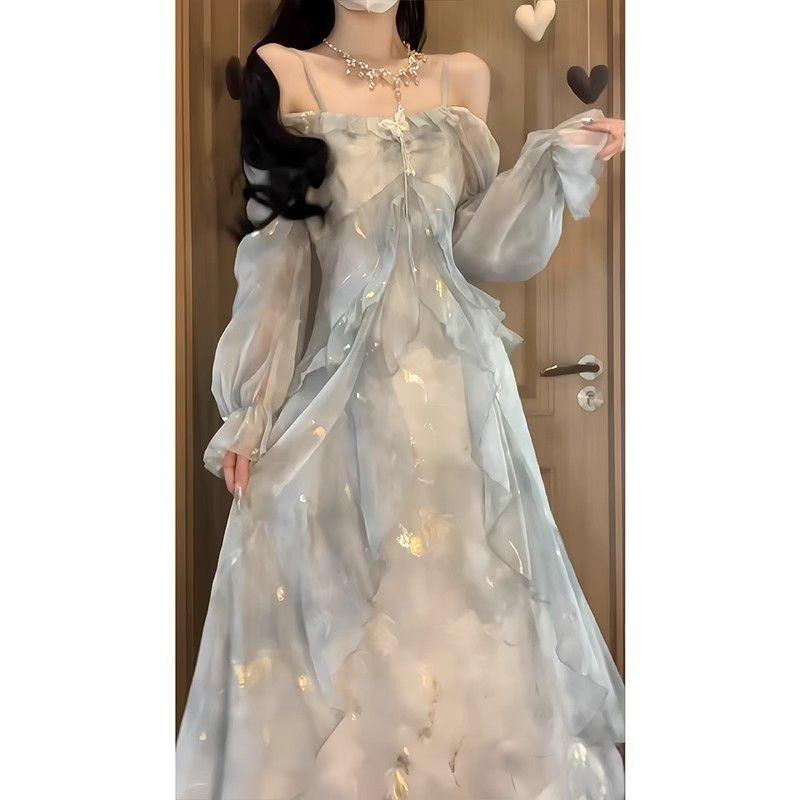 

Весна Осінь Елегантна Мода Волани Сукня-метелик Жіноча З відкритими плечима Темперамент Сліп Вестидос Халат S синій