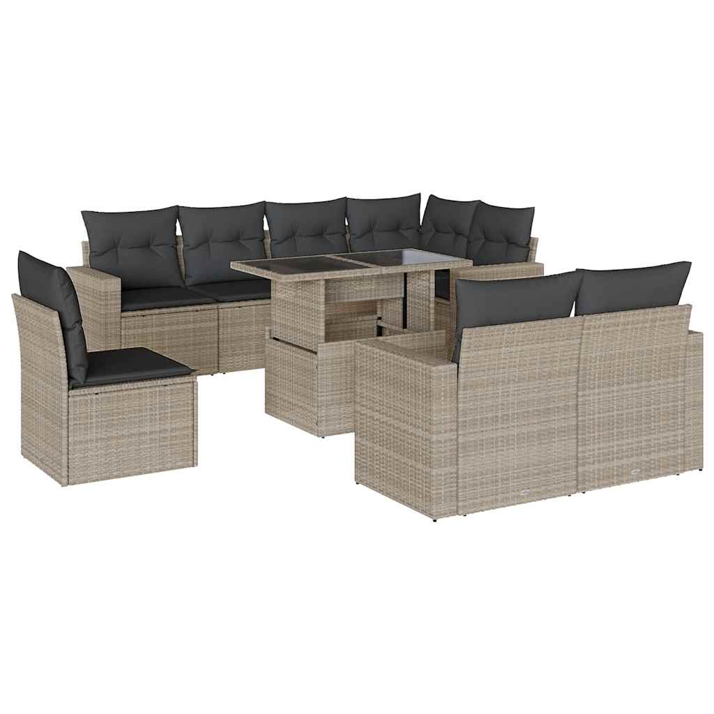 Vidaxl 9-Cz. Garden Furniture Set, Cushions, Light Grey Poly Rattan