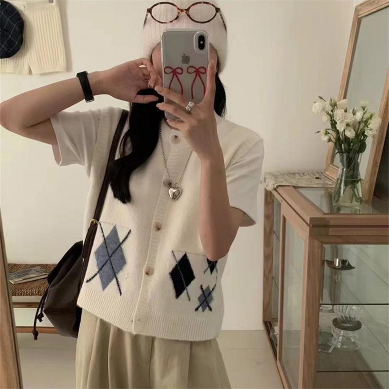 Women's Knitted Vest Spring and Autumn Diamond Grid Knitted Vest Women's Loose Sweater Vest Top
