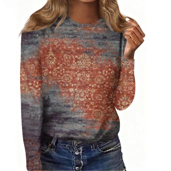 Spring and Autumn Round Neck Retro 3D Printed Top Fashionable Casual Long Sleeved Women's T-shirts