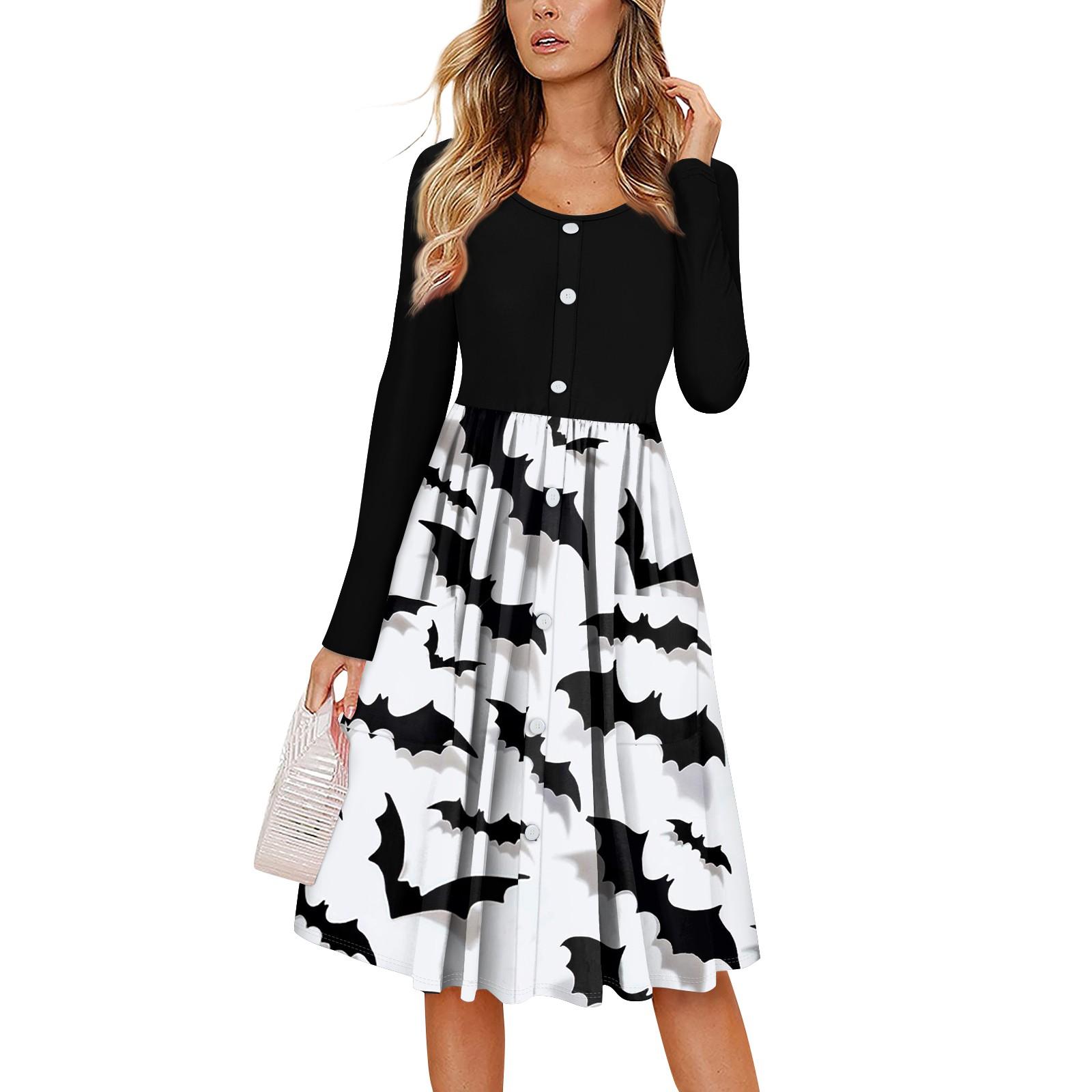 

Женский повседневный модный сексуальный удобный сарафан с пуговицами, длинными рукавами и карманами, платье с принтом на Хэллоуин XL