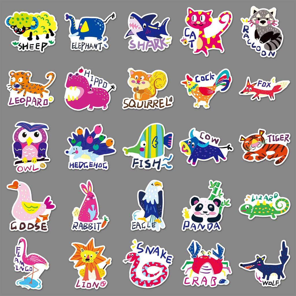 50 Cute Animal Cartoon Waterproof Stickers for Cognitive Development - Ideal for Phones, Luggage, Skateboards & More