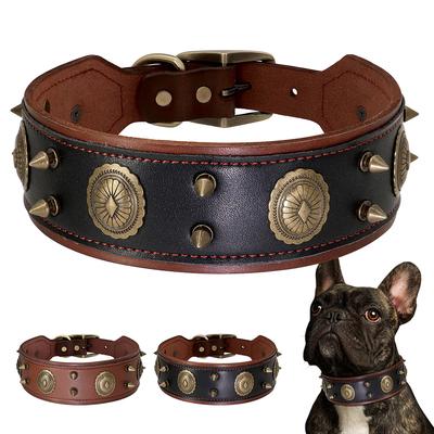 Collar para Perro Mascota Súper Genial Cuero Genuino Collares con Pinchos Tachonados Ajustable Collar para Perro Grande Para Perros Medianos Grandes Pitbull Correa