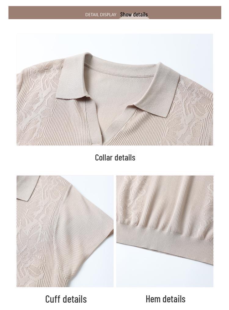 Mom's Summer Lapel Loose Knit Ice Silk Top - Elegant, Age-Reducing, Short-Sleeved T-Shirt for Middle-Aged Women