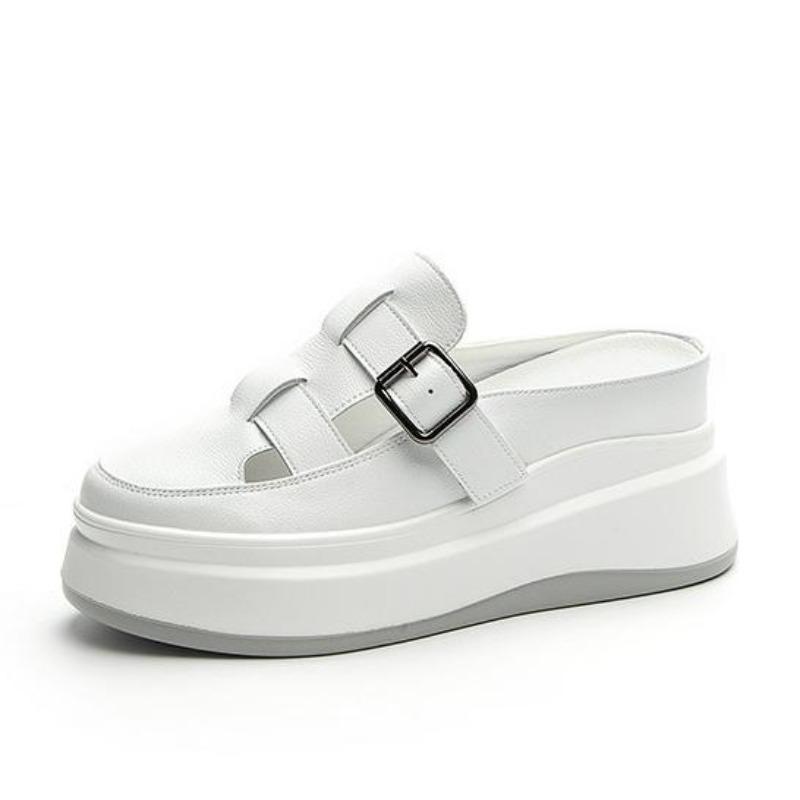 Fashion 7.5CM Patent Genuine Leather Platform Summer Hollow Weaving Breathable Pumps 2025 Spring Chunky Heels Mary Jane Slipper Shoes