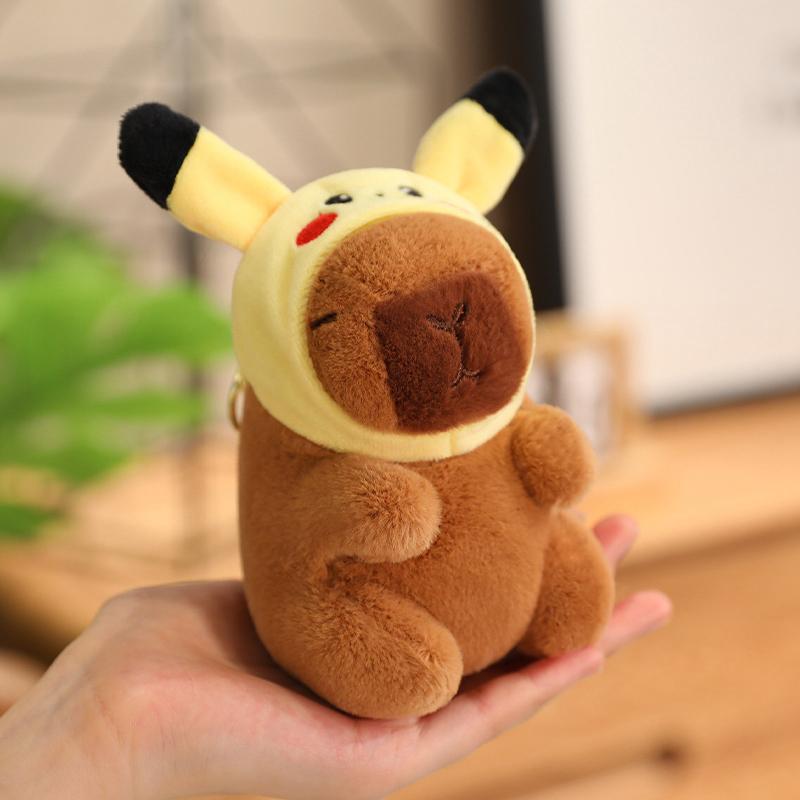 12cm Kawaii Anime Capybara Plushies With Pikachu Stitch Lucifer Cat Hat Doll Stuffed Animals Capybara Plushies Girl Toys
