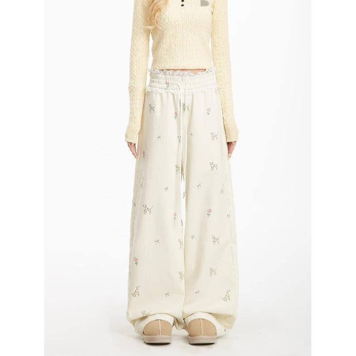 

Milky apricot color dog print casual sweatpants for women, loose straight-leg pants with lace splicing and slimming effect S