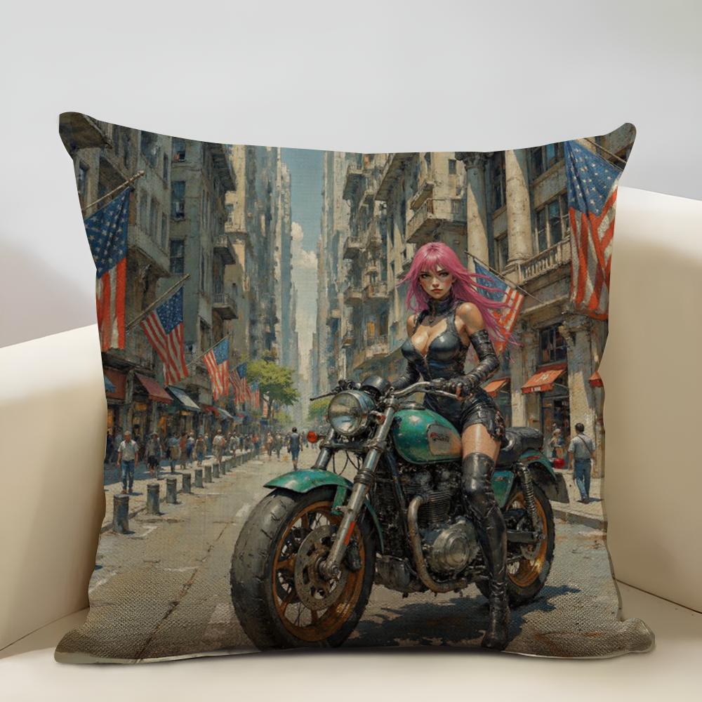 Female motorcyclist Cushion Household Decoration Linen Sofa Cushion Cover: Skin-Friendly & Breathable with Invisible Zipper