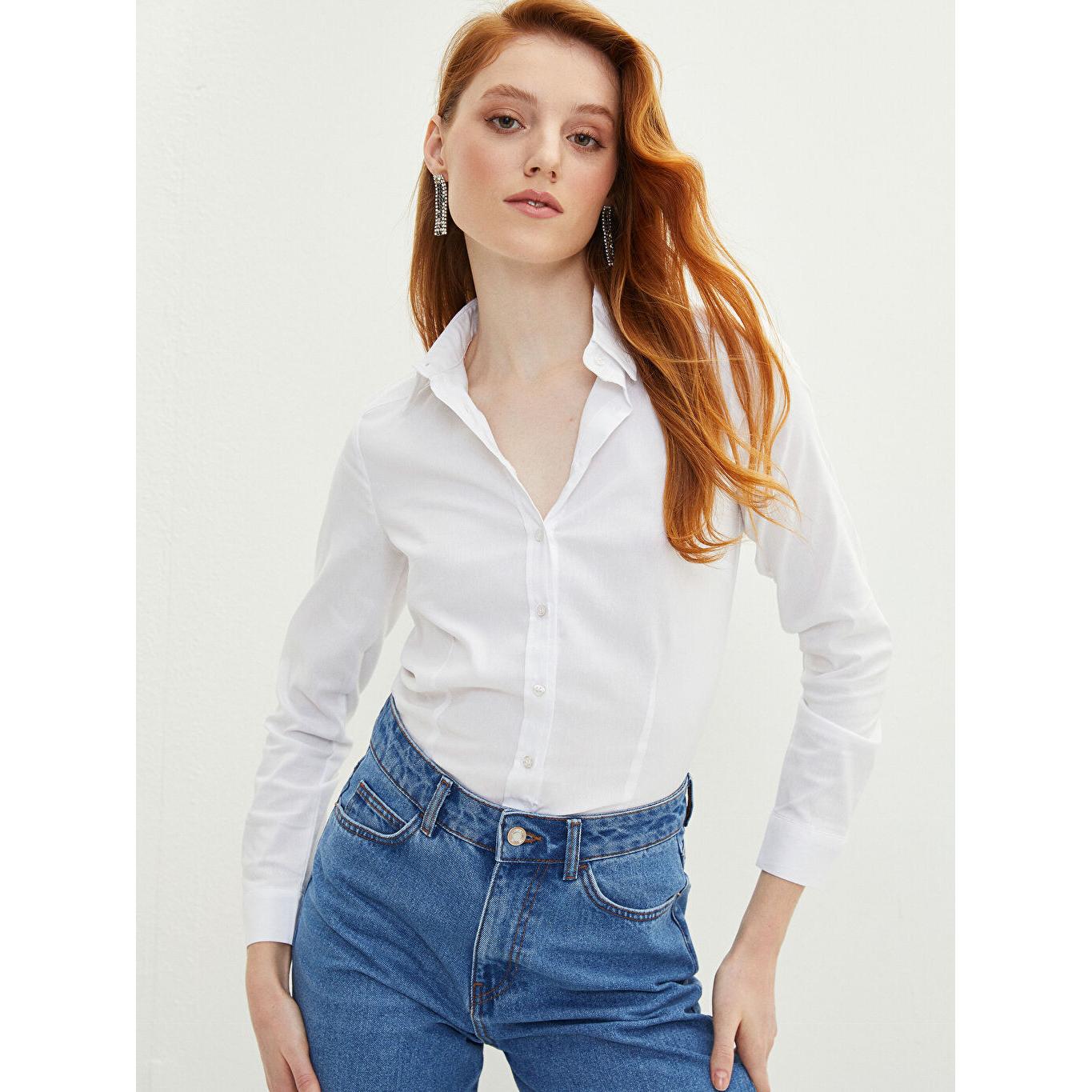 

LCW CLASSIC Прямая женская рубашка с длинным рукавом и застежкой спереди, белая