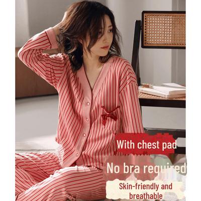 „Gestreiftes Cardigan-Pyjama-Set im koreanischen Stil mit Brustpolster für Damen, langärmlig, Frühling/Herbst, Übergröße“