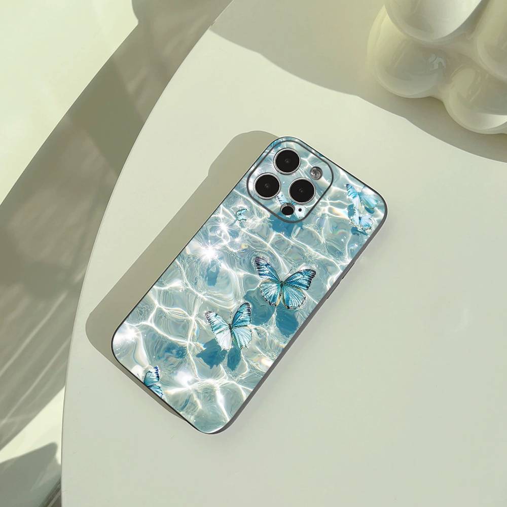 Blue Butterfly Ocean wave  Phone Case For iPhone 17,16,15,14,13,12,11 Pro Max,16/15/14Plus,XS Soft Black Cover