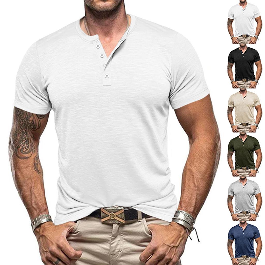 Men Henley Neck Short Sleeve T Shirt Cotton Slub Knit Soft Lightweight Casual Classic Fit Top for Everyday Wear
