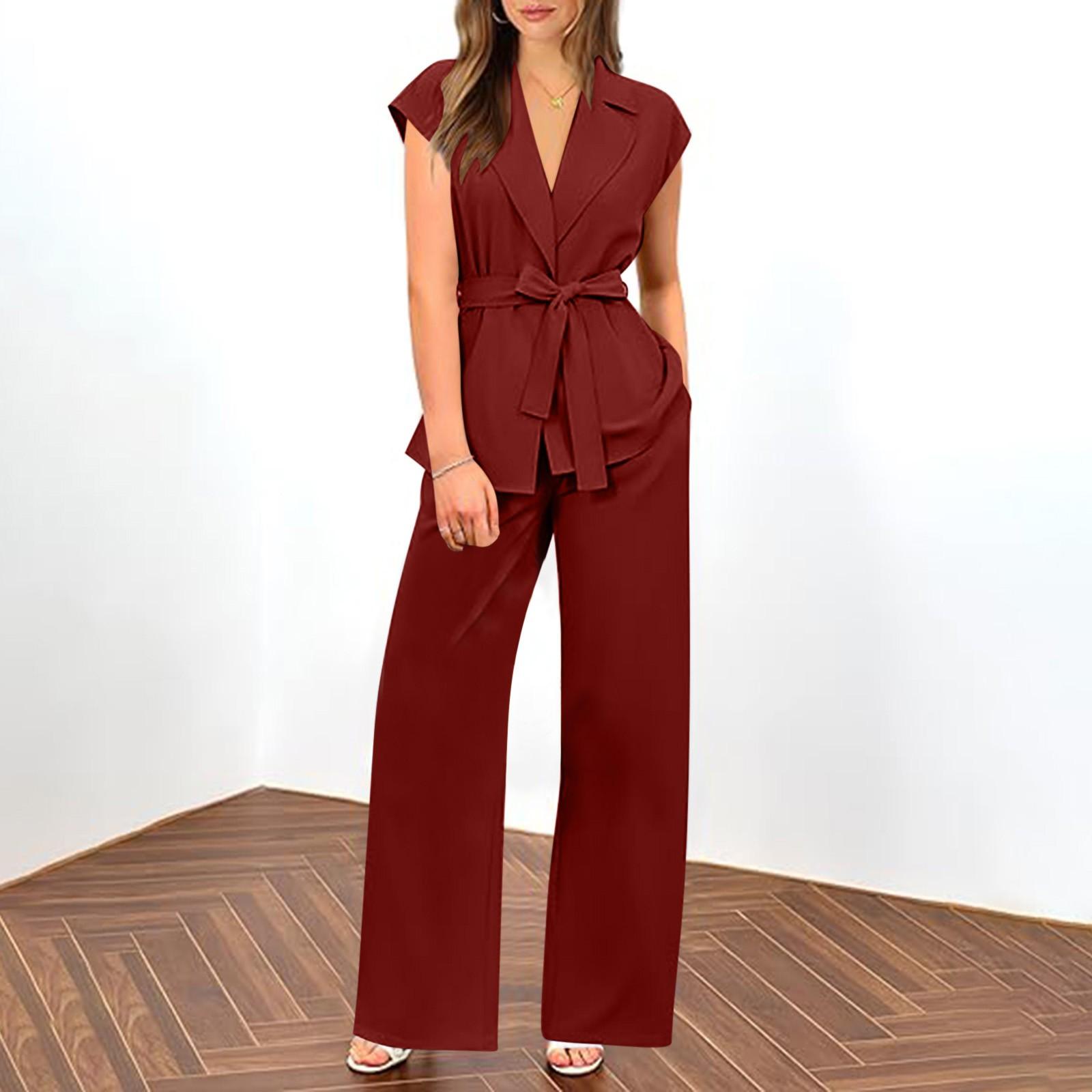 

Комплекты костюмов из 2 предметов для женщин, летние наряды, жилет с короткими рукавами и v-образным вырезом, комплекты с широкими брюками, рабочая одежда XXL винный