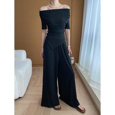 Top de Malha de Um Ombro Calças de Perna Larga Conjunto de Duas Peças Início da Primavera