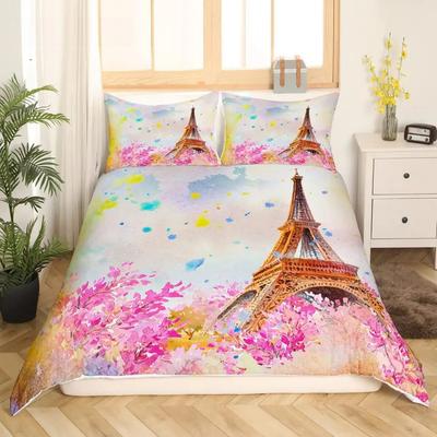 Valentine Day King Queen Duvet Cover Paris Eiffel Tower Bedding Set Pink Watercolor Tulips Flowers Balloon Polyester Quilt Cover