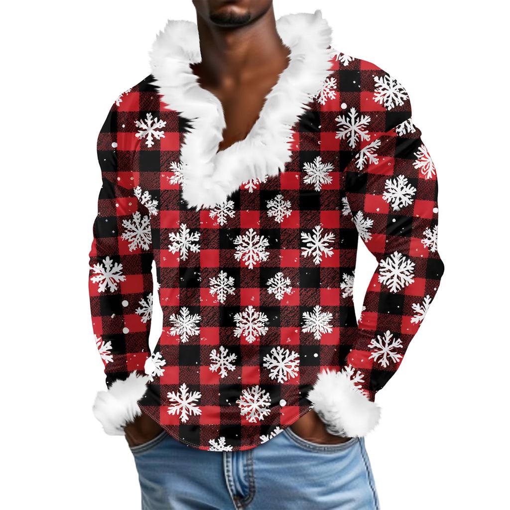 Herren Lässiges Weihnachten Bedrucktes Plüsch V-Ausschnitt und Fleece Langarm-Sweatshirt