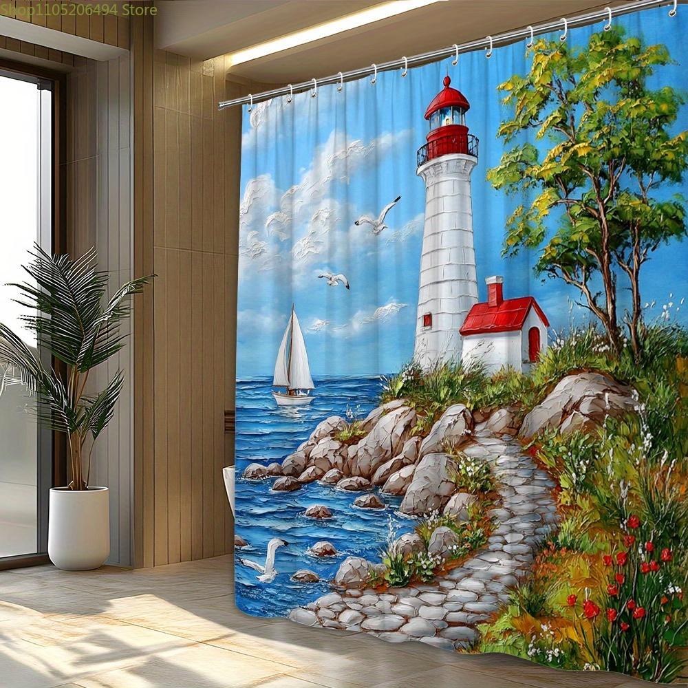 1pc Ocean Landscape Lighthouse Shower Curtain Polyester Fabric Bathroom Decor Beach Scene Sailboat and Seagulls Design Bath Tu