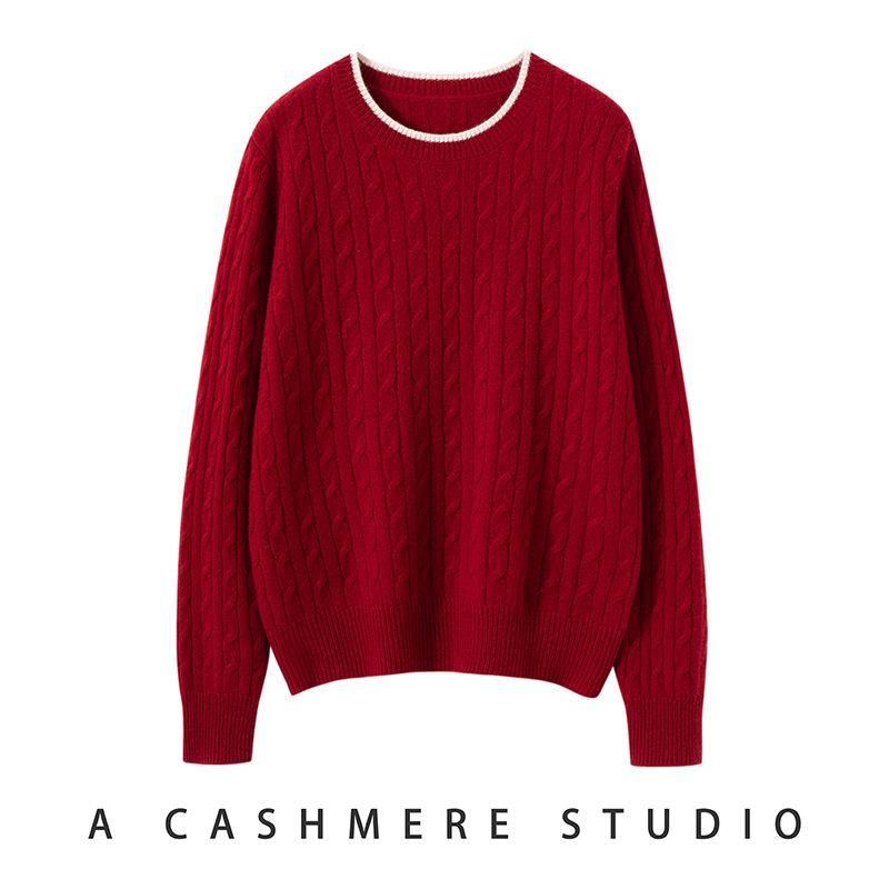 Women's Cashmere Color Block Cable Knit Sweater - Round Neck, Long Sleeve, Loose Fit