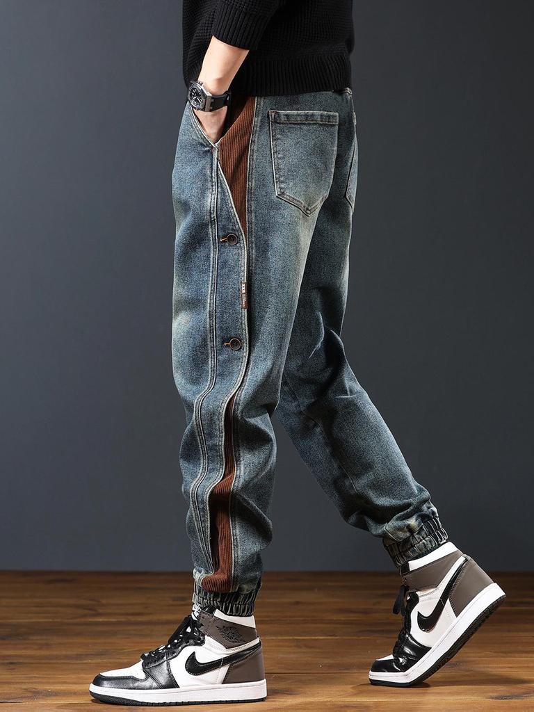 Męskie Grube Jeansy Robocze Patchworkowe - Luźne, Zakończone Ściągaczem, Modna Marka Streetwear, Spodnie Haremki