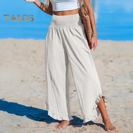 Pantaloni Casual pentru Femei, Plisați, Elastici, cu Talie Înaltă, cu Picior Larg, Pantaloni Lungi cu Buzunare, Manșete cu Volane, Croială Lejeră, Pantaloni de Timp Liber