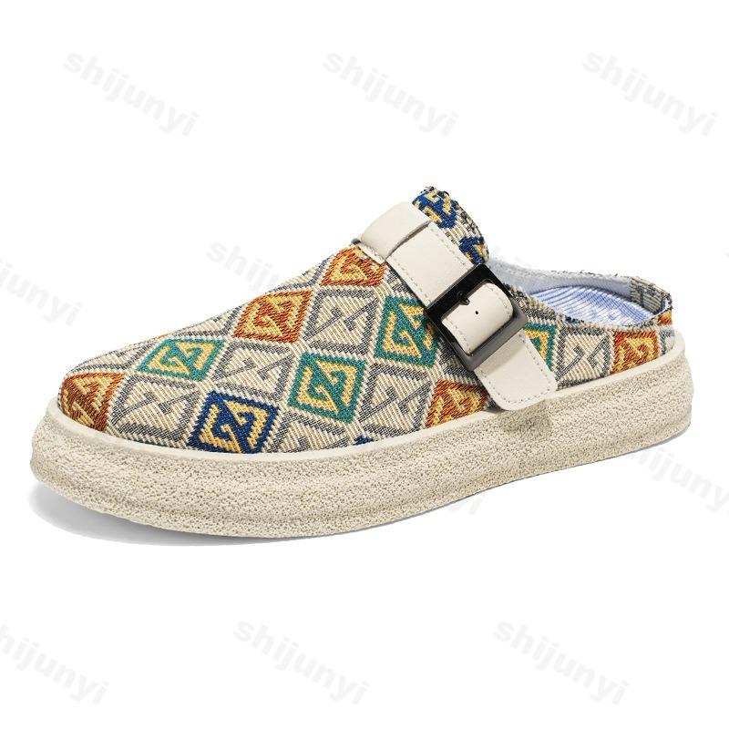 2026 Autumn Men's Breathable Retro Print Design Casual Half Slippers Fashi Trend Comfortable Versatile Shallow Mouth Draggers