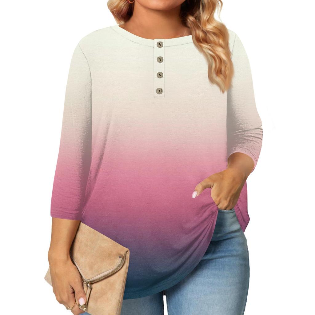 Women's Large Size Print 3/4 Sleeve Button Collar Top T-Shirt Bottoming Shirt