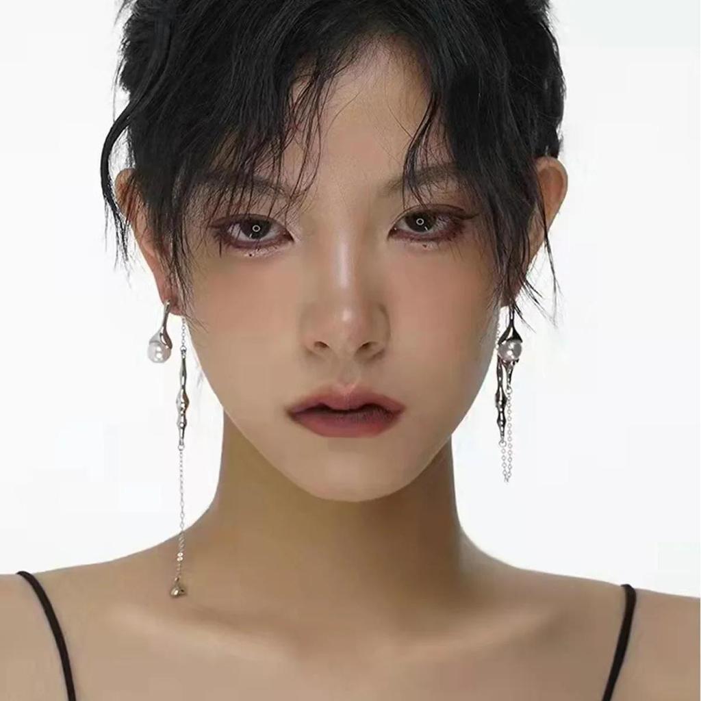 Statement Fashion Ladies Asymmetric Pearl Long Tassel Earrings Korean Style A Two-wear Drop Chain Jewelry Accessories