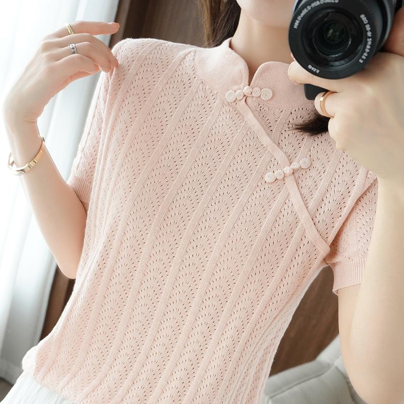 Soft New Chinese Hollow Stand Collar Pure Cotton Base Shirt for Women Short-sleeved Summer New Style Knitted T-shirt Top