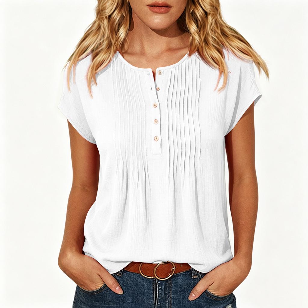 Women's Casual Color Button Front Round Neck Short Sleeve Blouse for Everyday Wear