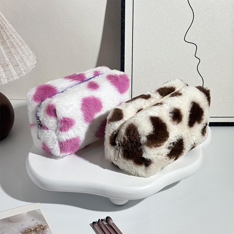 Cute Sweet Heart Pattern Plush Pencil Case Girly Women Large Capacity Cosmetic Bag Travel Portable Storage Bags Organizer Gifts