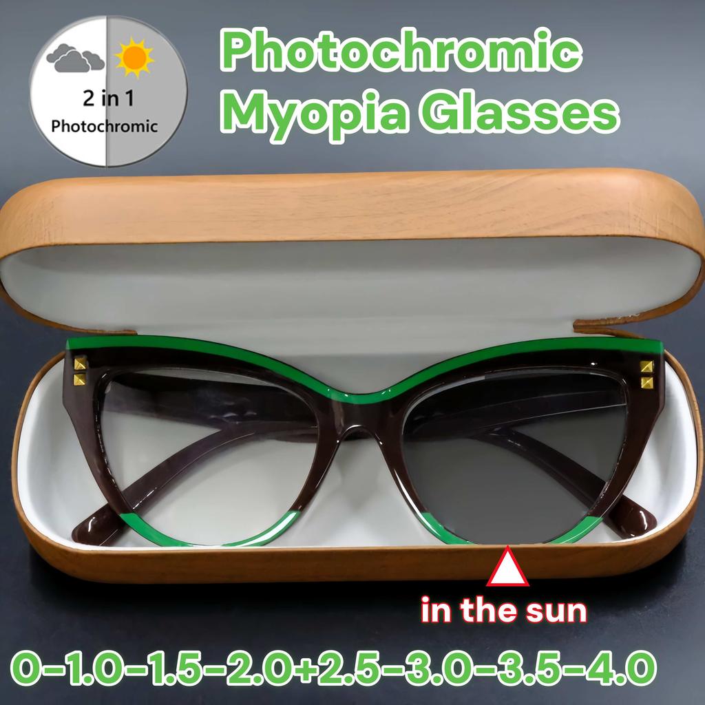 Outdoor Photochromic Myopia Glasses Women Men Cat Eye Color Changing Anti Blue Light Near Sight Eyeglasses with Diopter To -4.0