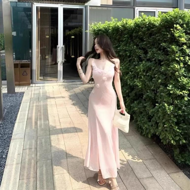 Women's Pink 3D Floral French Design Camisole Dress - Slimming, Waist-Cinching, Summer Vacation Style